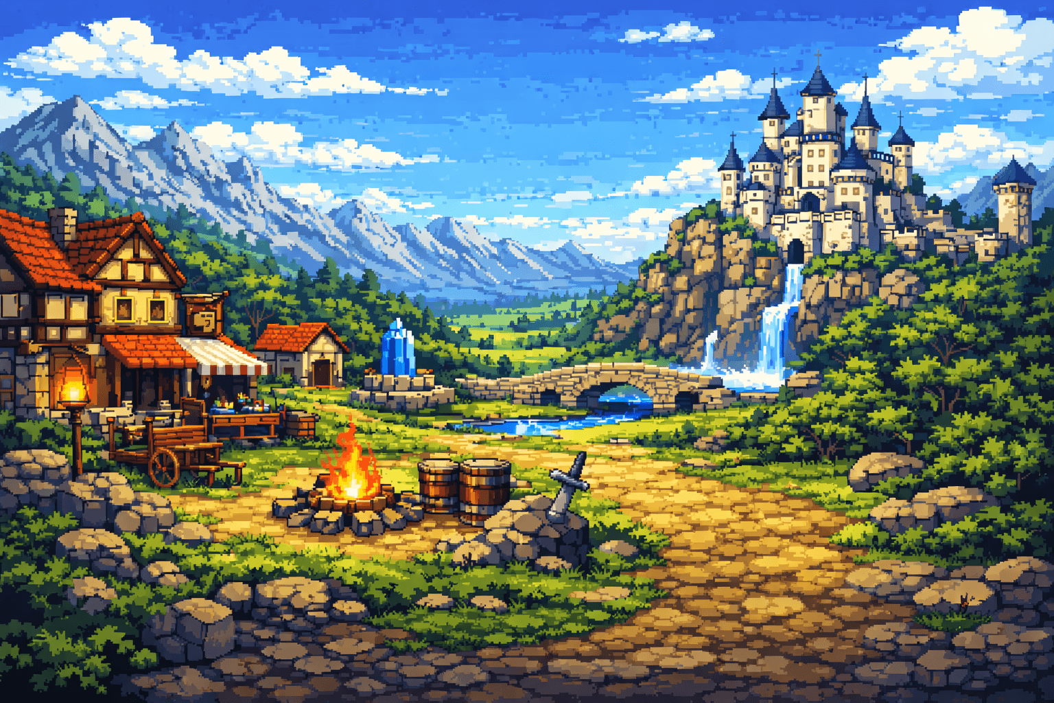 Pixel art medieval village